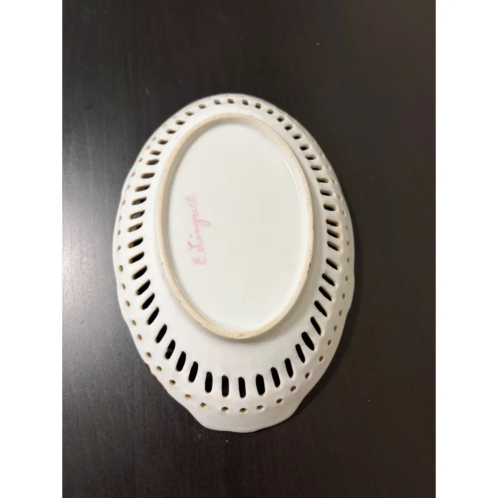 Vintage Lingrell Hand Painted Floral Reticulated Porcelain Trinket Dish Gold Rim